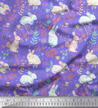 Soimoi Фиолетовый японский креп-атлас с принтами листьев и кроликов на ткани по метрам 42 дюйма 42 Inch Wide - Poly Crepe фиолетовый