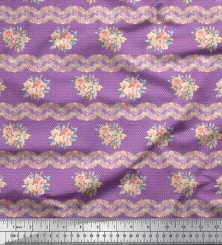 Soimoi Фиолетовый японский креп-сатин с принтом в виде листьев и пионов на ткани по метрам 42 дюйма 42 Inch Wide - Poly Crepe фиолетовый