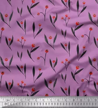 Soimoi Фиолетовый японский креп-сатин Ткань для рукоделия с принтом красных ягод и листьев шириной 42 дюйма по метрам 42 Inch Wide - Poly Crepe фиолетовый