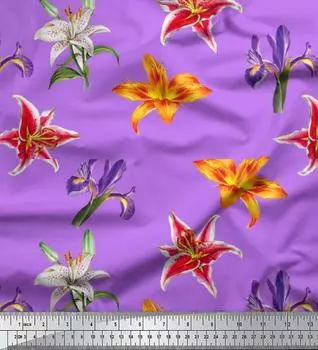 Soimoi фиолетовый японский креп-сатин ткань красочные лилии цветочный декор ткань с принтом метр 42 дюйма 42 Inch Wide - Poly Crepe фиолетовый