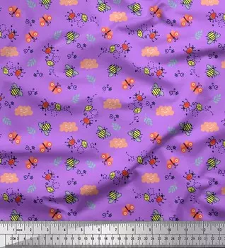 Soimoi фиолетовый японский креп-сатин ткань медоносная пчела, бабочка и пчела насекомые ткань с принтом на метр 42 дюйма 42 Inch Wide - Poly Crepe фиолетовый