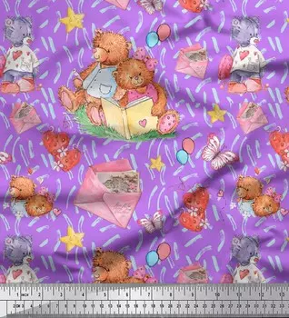 Soimoi фиолетовый японский креп-сатин ткань плюшевый мишка и сердечки детская ткань с принтом по метрам 42 дюйма 42 Inch Wide - Cotton Voile фиолетовый