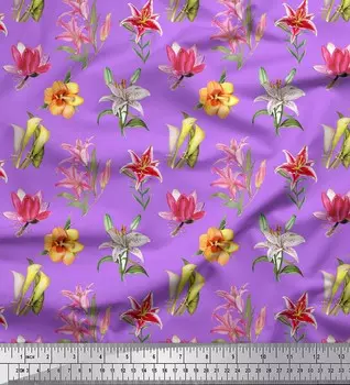 Soimoi Фиолетовый японский креп-сатин Ткань с цветочным принтом лилий и лотосов 1 метр 42 дюйма 42 Inch Wide - Japan Crepe Satin фиолетовый