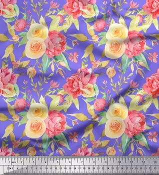 Soimoi Фиолетовый японский креп-сатин Ткань с листьями и лютиками с цветочным принтом 1 метр 42 дюйма 42 Inch Wide - Cotton Voile фиолетовый