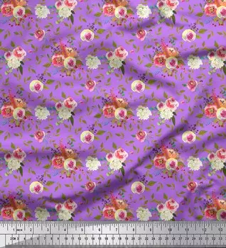 Soimoi Фиолетовый японский креп-сатин Ткань с цветочным принтом в виде листьев 1 метр 42 дюйма 42 Inch Wide - Poly Crepe зелёный