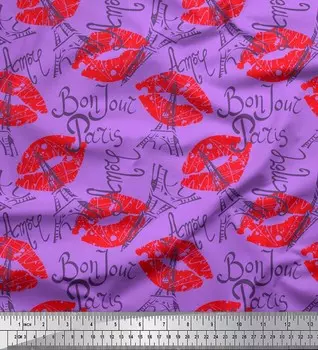 Soimoi фиолетовый японский креп-сатин ткань с текстом, Эйфелевой башней и губами, женский декор, ткань с принтом, метр 42 дюйма 42 Inch Wide - Poly Crepe зелёный