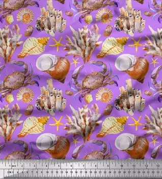 Soimoi Фиолетовый японский креп-сатин Ткань с принтом краба, ракушек и кораллов и океана, 42 дюйма по метрам 42 Inch Wide - Poly Crepe светло-серый