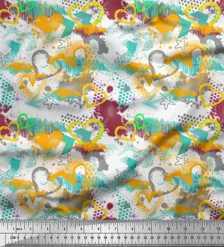 Soimoi Gold Japan Креп-Атласная Ткань Мазок Кисти, Звезда и Сердце Декор Ткань Напечатанный Метр 42 Дюйма 42 Inch Wide - Poly Crepe розовый