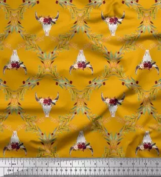 Soimoi Gold, японский креп-сатин, ткань с цветочным принтом и коровьим черепом, дамасская ткань с принтом, 42 дюйма на метр 42 Inch Wide - Poly Crepe розовый