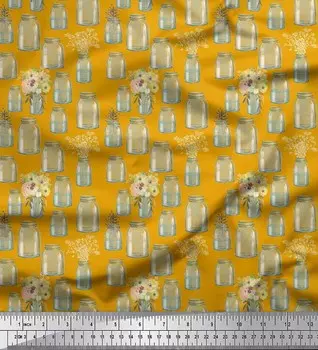 Soimoi Gold, японский креп-сатин, ткань, ваза для бутылок и анемон, цветочный принт, ткань по метрам, 42 дюйма 42 Inch Wide - Poly Crepe золотой