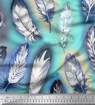Soimoi Голубая хлопковая ткань с принтом в виде листьев и перьев, 1 ярд, 42 дюйма 42 Inch Wide - Poly Crepe мятный зеленый