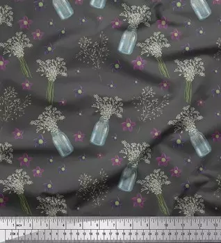 Soimoi Gray Japan Креп Атласная Ткань Бутылка Ваза и Клематис Цветочный Принт Ткань 1 метр 42 дюйма 42 Inch Wide - Cotton Voile серый
