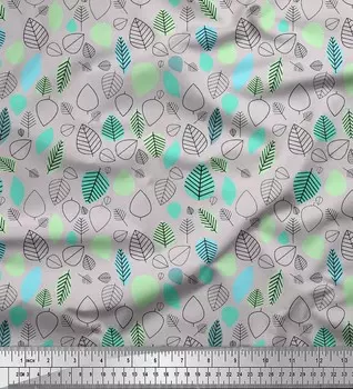 Soimoi Серая японская креп-сатиновая ткань с принтом в виде листьев и народного искусства, швейная ткань, метр 42 дюйма 42 Inch Wide - Poly Crepe серый