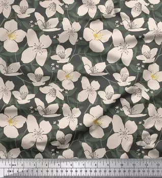 Soimoi Gray Japan Crepe Satin Fabric Leaves & Cardamine Floral Decor Fabric Printed metre 42 Inch 42 Inch Wide - Poly Crepe серый