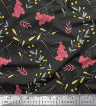 Soimoi Gray Япония Креп Атласная Ткань Красные Ягоды и Листья Набивная Ткань 1 метр 42 дюйма 42 Inch Wide - Cotton Voile серый