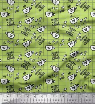 Soimoi Green Japan Crepe Satin Fabric Coffee & Chill Ткань с текстовым принтом 1 метр 42 дюйма 42 Inch Wide - Poly Crepe зелёный