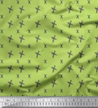 Soimoi Green Japan Crepe Satin Fabric Cross & Geometric Printed Craft Fabric by the metre 42 Inch 42 Inch Wide - Cotton Voile зелёный