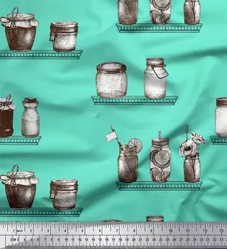 Soimoi Green Japan Crepe Satin Fabric Jar & Bottle Vintage Print Fabric на метр 42 дюйма 42 Inch Wide - Poly Crepe зелёный