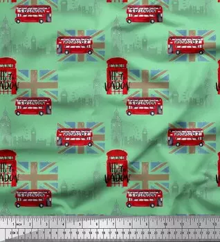 Soimoi Green Japan Crepe Satin Fabric London Theme Архитектурный принт Швейная ткань метр 42 дюйма 42 Inch Wide - Cotton Voile зелёный