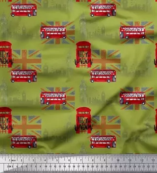 Soimoi Green Japan Crepe Satin Fabric London Theme Архитектурный принт Швейная ткань метр 42 дюйма 42 Inch Wide - Cotton Voile зелёный