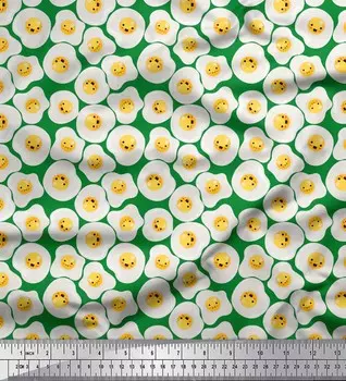 Soimoi Green Japan Crepe Satin Fabric Omelette Food Print Ткань на метр 42 дюйма 42 Inch Wide - Poly Crepe зелёный