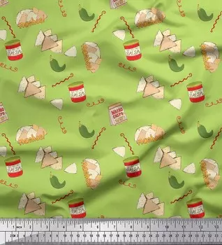 Soimoi Green Japan Crepe Satin Fabric Prints Nachos & Salsa Food Fabric на метр 42 дюйма 42 Inch Wide - Poly Crepe зелёный