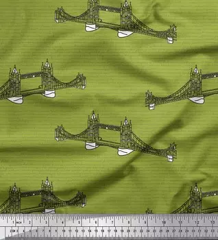 Soimoi Green Japan Crepe Satin Fabric Text & London Bridge Architectural Print Fabric на метр 42 дюйма 42 Inch Wide - Poly Crepe зелёный
