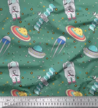 Soimoi Green Japan Crepe Satin Fabric Ткань с принтом Star & Satellite Galaxy на метр 42 дюйма 42 Inch Wide - Poly Crepe зелёный