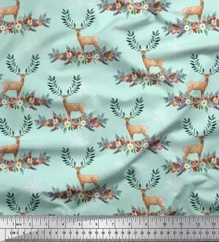 Soimoi Green Japan Crepe Satin Fabric Ткань с оленем и цветочным принтом на метр 42 дюйма 42 Inch Wide - Cotton Voile зелёный