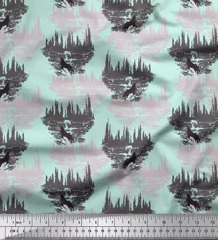 Soimoi Green Japan Crepe Satin Fabric Wolf & Landscape Nature Print Fabric на метр 42 дюйма 42 Inch Wide - Poly Crepe зелёный