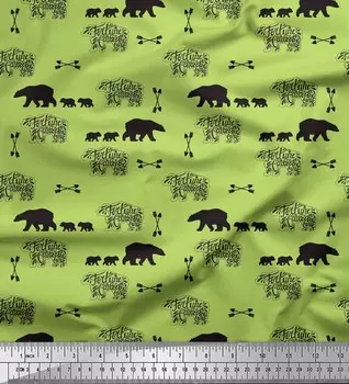 Soimoi Green Japan Crepe Satin Ткань Медведь и текстовый принт Швейная ткань метр 42 дюйма 42 Inch Wide - Poly Crepe зелёный