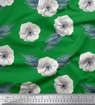 Soimoi Green Japan Crepe Satin Ткань с цветочным принтом пальмовых листьев и анемонов 1 метр 42 дюйма 42 Inch Wide - Poly Crepe синий