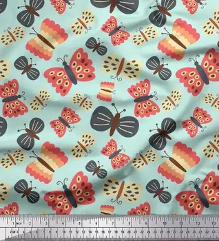 Soimoi Green Japan Crepe Satin Ткань с принтом бабочки Бабочка на метр 42 дюйма 42 Inch Wide - Cotton Voile зелёный