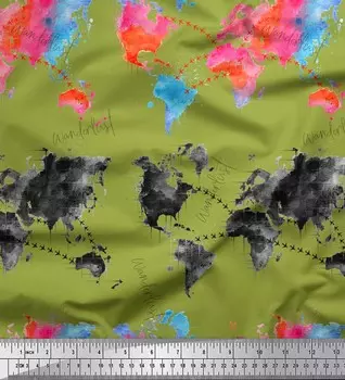 Soimoi Green Japan Crepe Satin Ткань с акварельным принтом и текстом и картой на метр 42 дюйма 42 Inch Wide - Cotton Voile зелёный