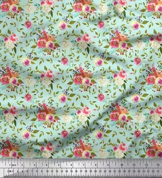 Soimoi Green Japan Crepe Satin Ткань с цветочным принтом в виде листьев 1 метр 42 дюйма 42 Inch Wide - Japan Crepe Satin зелёный