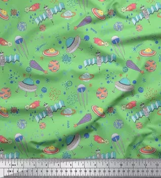 Soimoi Green Japan Crepe Satin Ткань с принтом Satellite & Planet Galaxy на метр 42 дюйма 42 Inch Wide - Poly Crepe зелёный