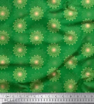 Soimoi Green Japan Crepe Satin Ткань с художественным цветочным принтом Mandala Ткань на метр 42 дюйма 42 Inch Wide - Cotton Voile зелёный