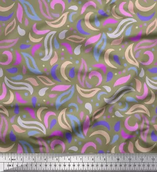 Soimoi Green Japan Crepe Satin Ткань с художественным принтом листьев Ткань на метр 42 дюйма 42 Inch Wide - Poly Crepe зелёный