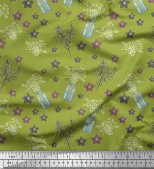 Soimoi Green Japan Crepe Satin Ткань Ваза для бутылок и клематис Цветочный декор Ткань с принтом метр 42 дюйма 42 Inch Wide - Cotton Voile зелёный