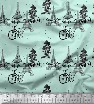 Soimoi Green Japan Crepe Satin Ткань Велосипед и Эйфелева башня Архитектурные принты на метр 42 дюйма 42 Inch Wide - Poly Crepe зелёный