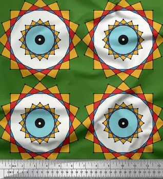 Soimoi Green Japan Креп-Атласная Ткань Бархатцы Ткань с геометрическим принтом 1 метр 42 дюйма 42 Inch Wide - Cotton Voile зелёный