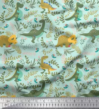 Soimoi Green Japan Креп Атласная ткань Динозавр и листья красного дерева Печатная ремесленная ткань на метр 42 дюйма 42 Inch Wide - Poly Crepe зелёный