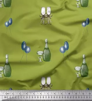 Soimoi Green Japan креп-атласная ткань для бутылок и бокалов для вина с принтом на ткани для шитья, метр 42 дюйма 42 Inch Wide - Cotton Voile зелёный