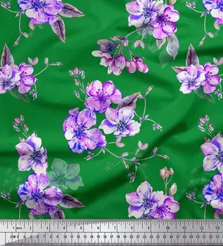 Soimoi Green Japan Креп-Атласная Ткань Листья и Пимпернель Ткань с цветочным принтом 1 метр 42 дюйма 42 Inch Wide - Poly Crepe синий