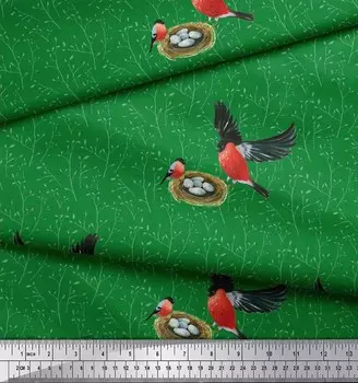 Soimoi Green Japan креп-атласная ткань Nest & Bullfinch Bird Print Fabric на метр 42 дюйма 42 Inch Wide - Poly Crepe зелёный