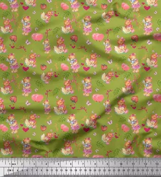 Soimoi Green Japan Креп Атласная ткань Воздушный шар и плюшевый мишка Детский декор Ткань Печатный метр 42 дюйма 42 Inch Wide - Poly Crepe зелёный