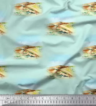 Soimoi Green Japan Креп-сатин Ткань для дома и пейзажа с природным принтом Ткань по метрам 42 дюйма 42 Inch Wide - Poly Crepe зелёный