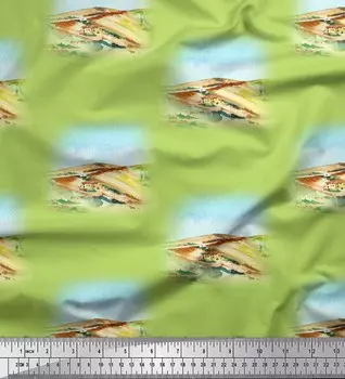 Soimoi Green Japan Креп-сатин Ткань для дома и пейзажа с природным принтом Ткань по метрам 42 дюйма 42 Inch Wide - Poly Crepe зелёный