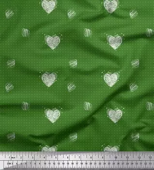 Soimoi Green Japan Креп-сатин Ткань с принтом в виде сердечек и точек 1 метр 42 дюйма 42 Inch Wide - Poly Crepe зелёный