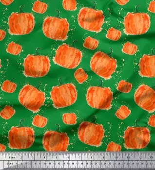 Soimoi Ткань из зеленого поликрема с принтом тыквы и овощей, швейная ткань, метр 42 дюйма 42 Inch Wide - Poly Crepe зелёный